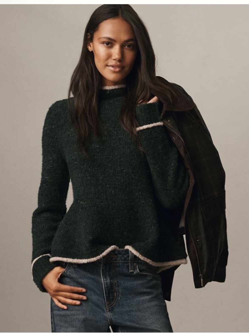 Pilcro Mock Neck Bird Sweater Dark Green with Cream Trim XL NWT